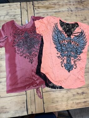 Affliction Women’s Short Sleeve Tee Pair - Coral Pink & Burgundy